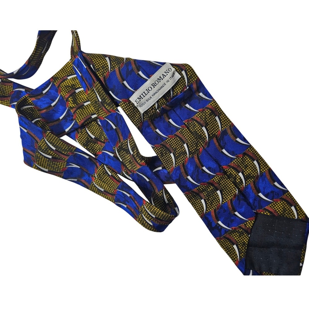 Emilio Romano Silk Tie Blue Yellow Red Geometric Houndstooth Handmade Italy